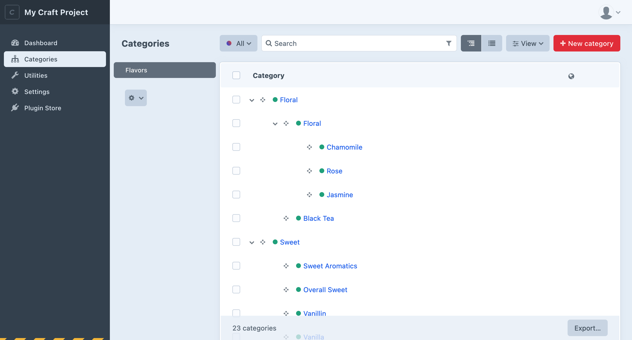 Screenshot of the categories index, with “Categories” active in the main navigation, the “Flavors” category group selected, and a listing of category names in a nested hierarchy