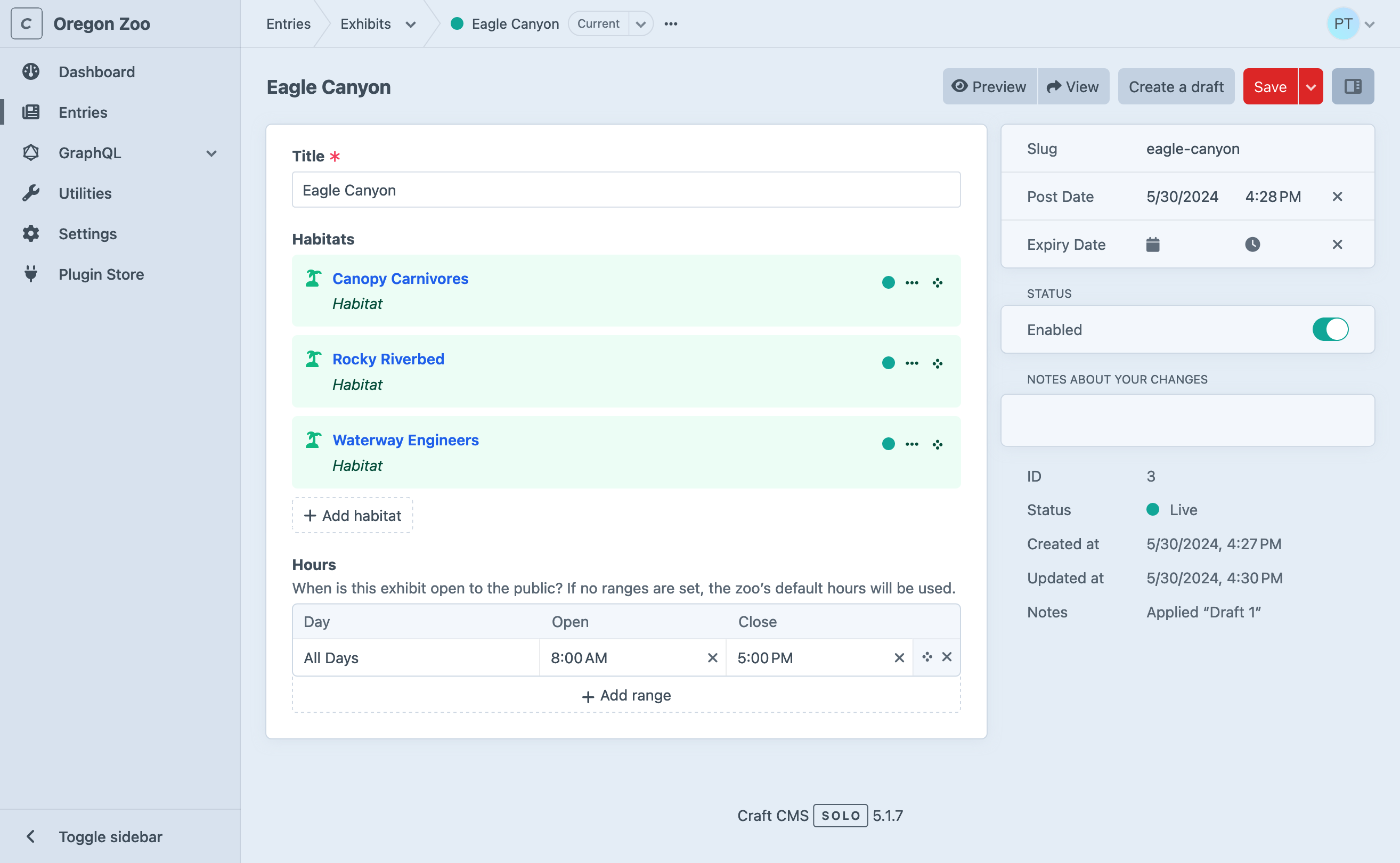 A representative screen from the Craft control panel