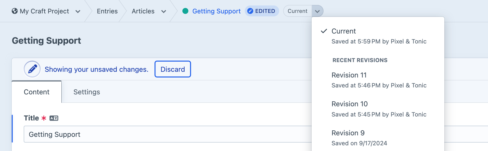 The drafts + revisions menu among an entry’s breadcrumbs in the Craft control panel