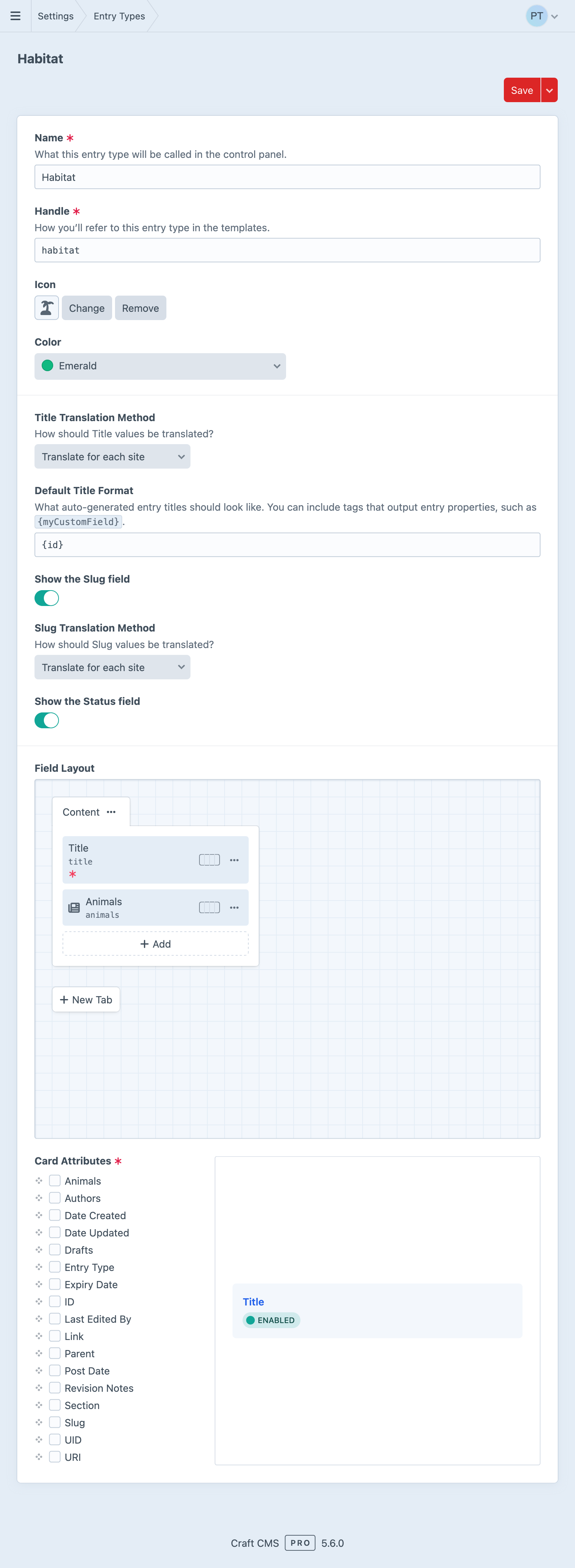 Screenshot of entry type settings