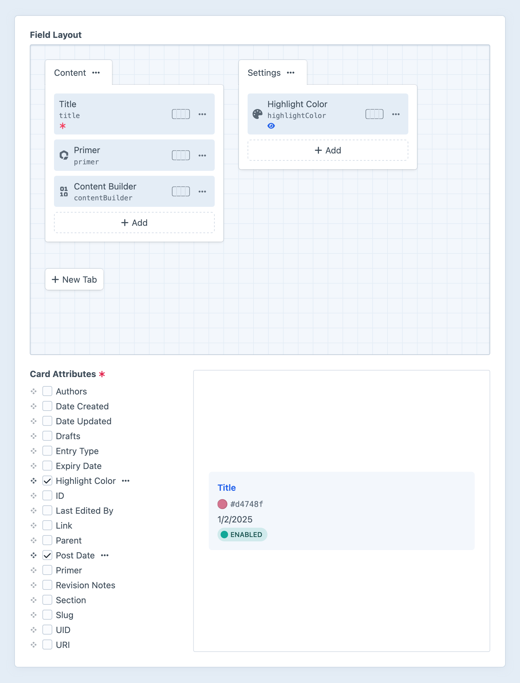 Screenshot of an entry’s field layout editor, with a Content tab containing three fields and a sidebar menu with “Fields” and “UI Elements” items that can be placed in the field layout