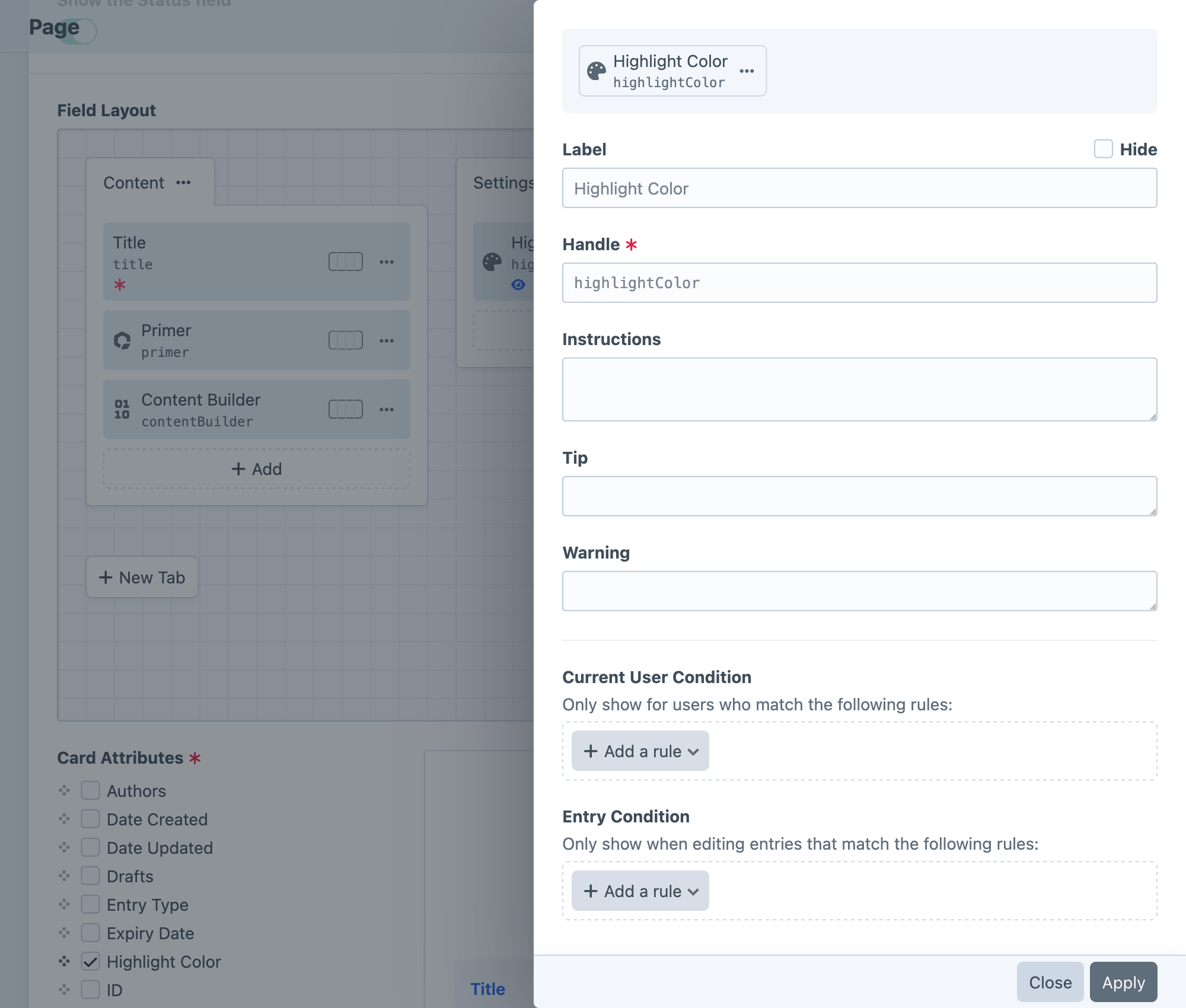 Screenshot of field layout editor with “Summary” field instance settings open in a slideout: Required, Label, Instructions, Current User Condition, and Entry Condition