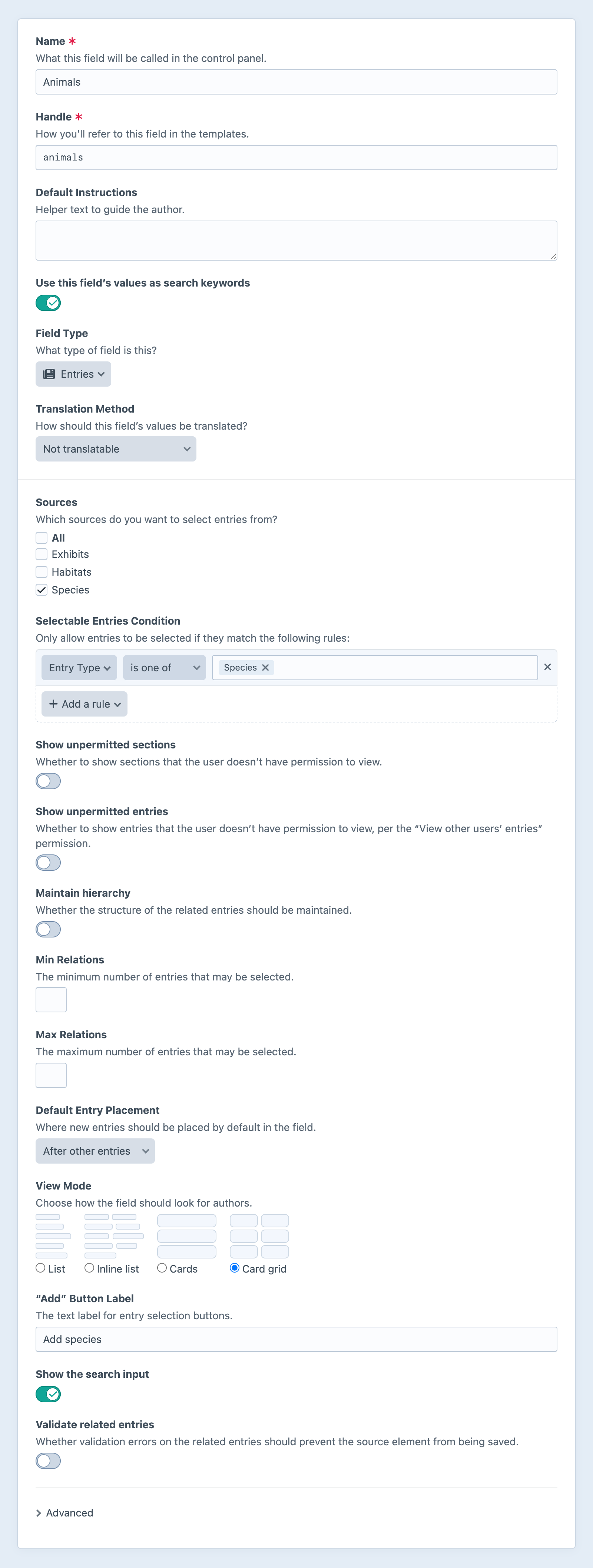 Entries field settings screen in the Craft control panel