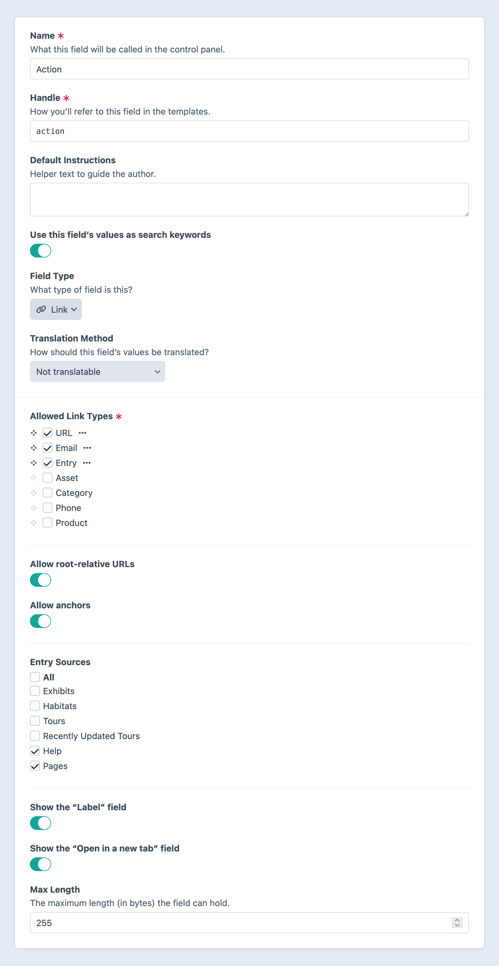 Link field settings screen in the Craft control panel