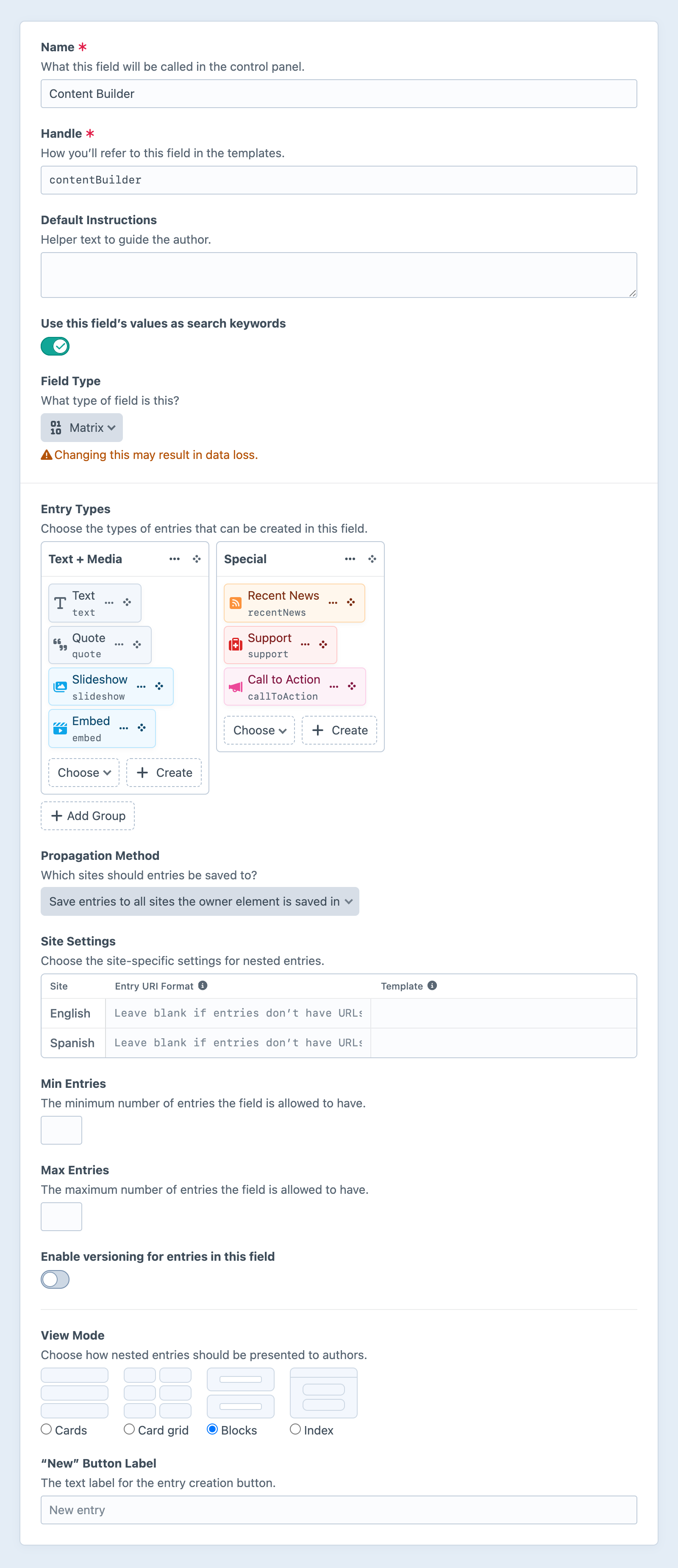 Matrix field settings screen in the Craft control panel