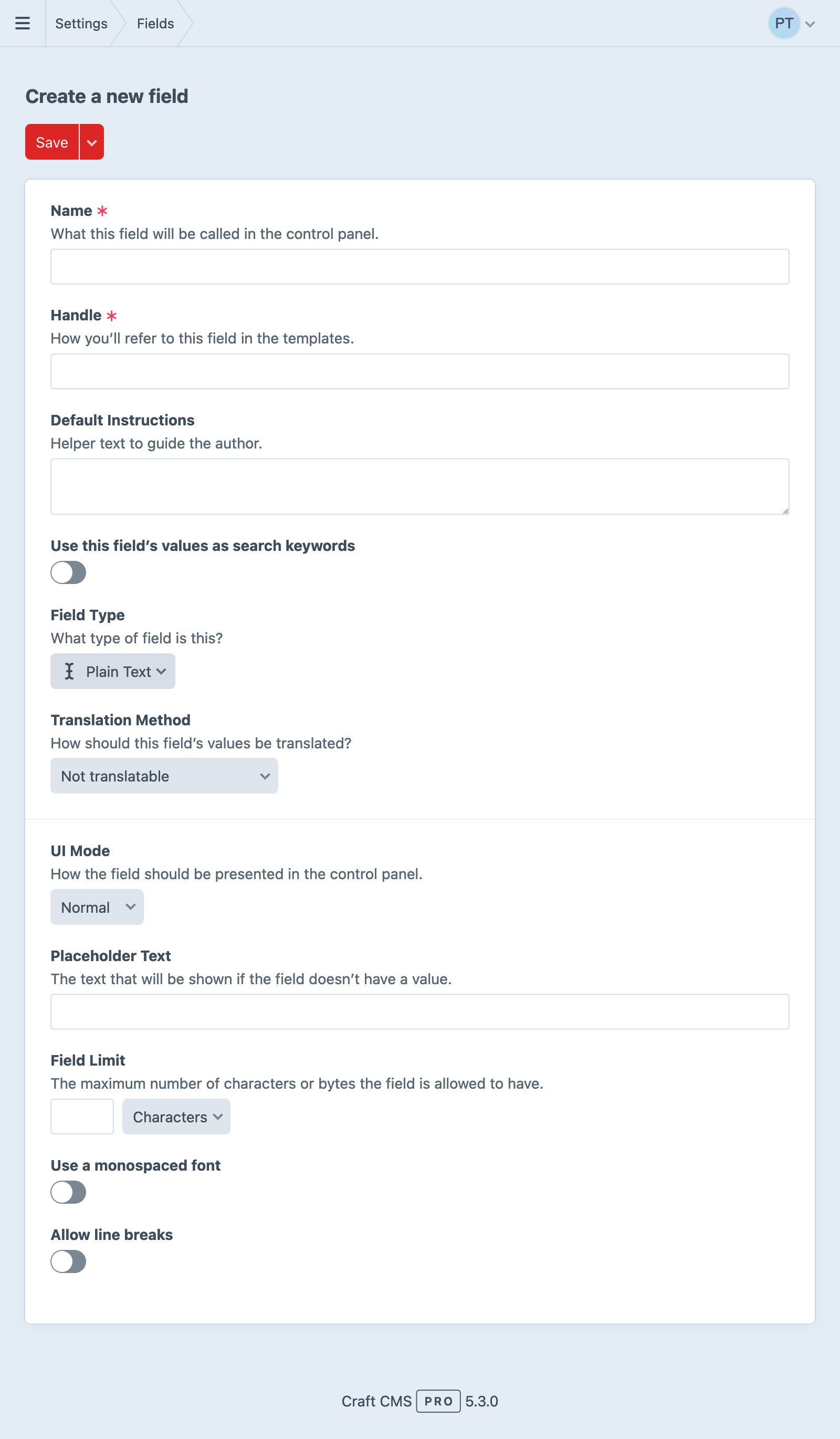 Editing a field in the Craft control panel