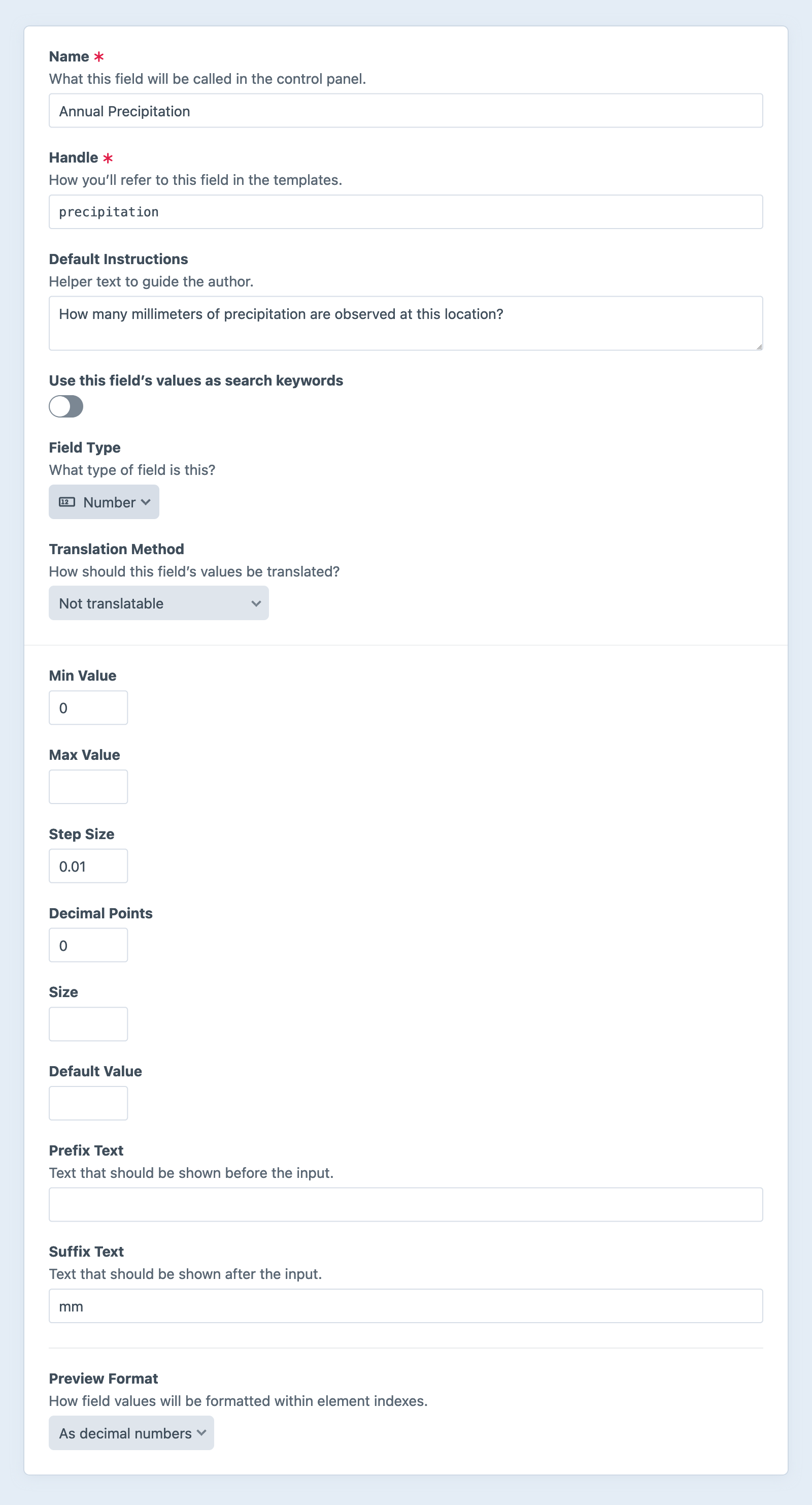 Number field settings screen in the Craft control panel