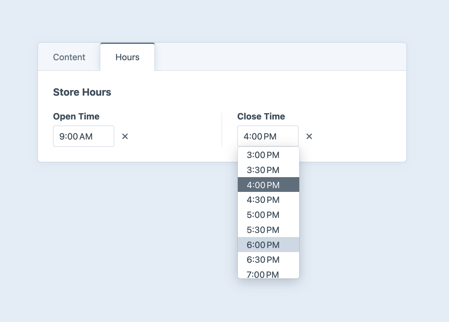 Screenshot of two side-by-side time fields in the Craft control panel