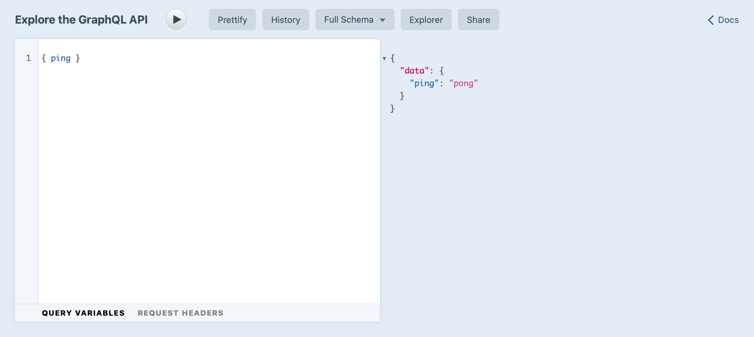 Screenshot of GraphiQL with simple query and response