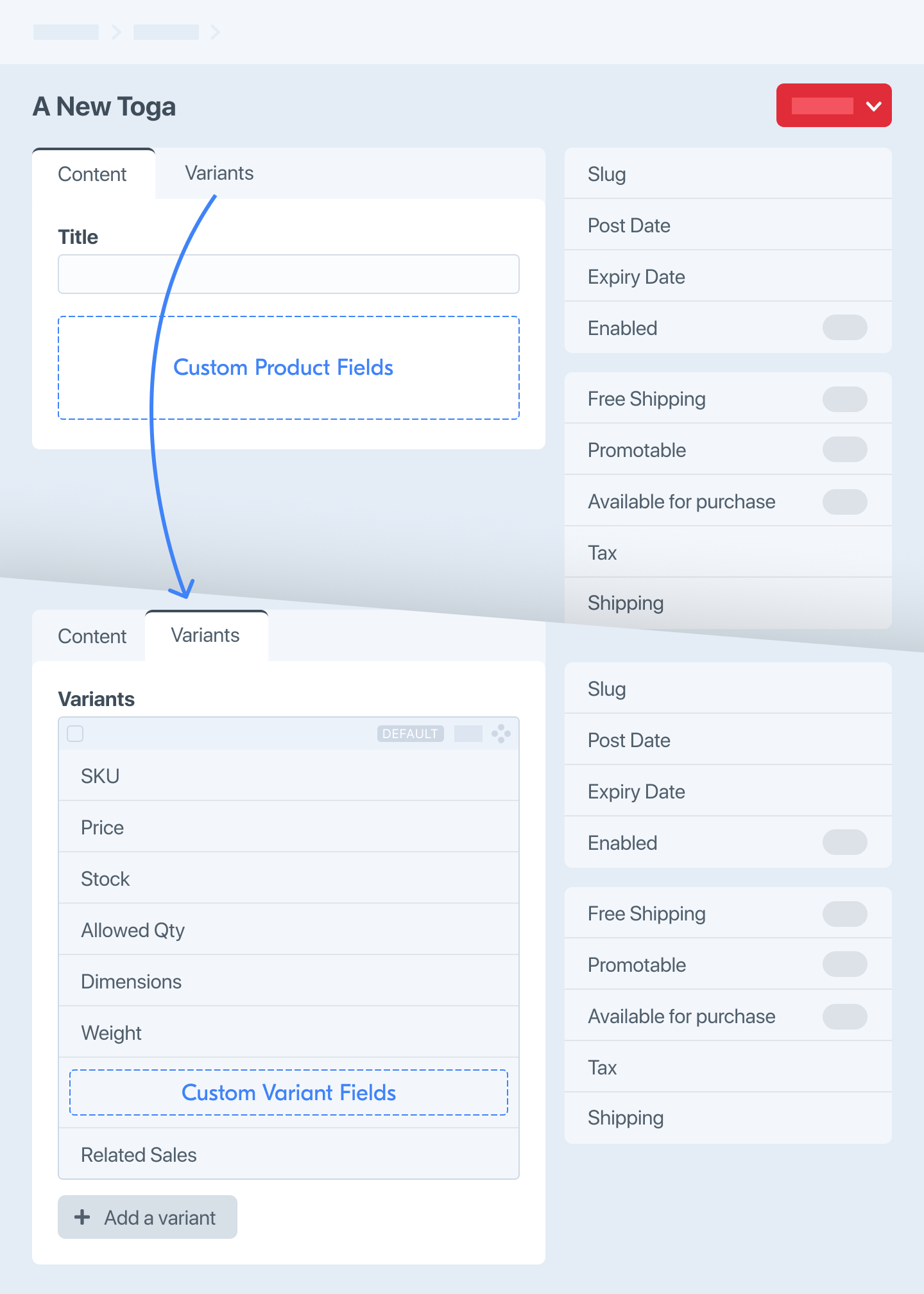 Stylized illustration of a multi-variant product edit page, with an additional “Variants” tab that has a Matrix-like editor for multiple variants each having their own fields like SKU