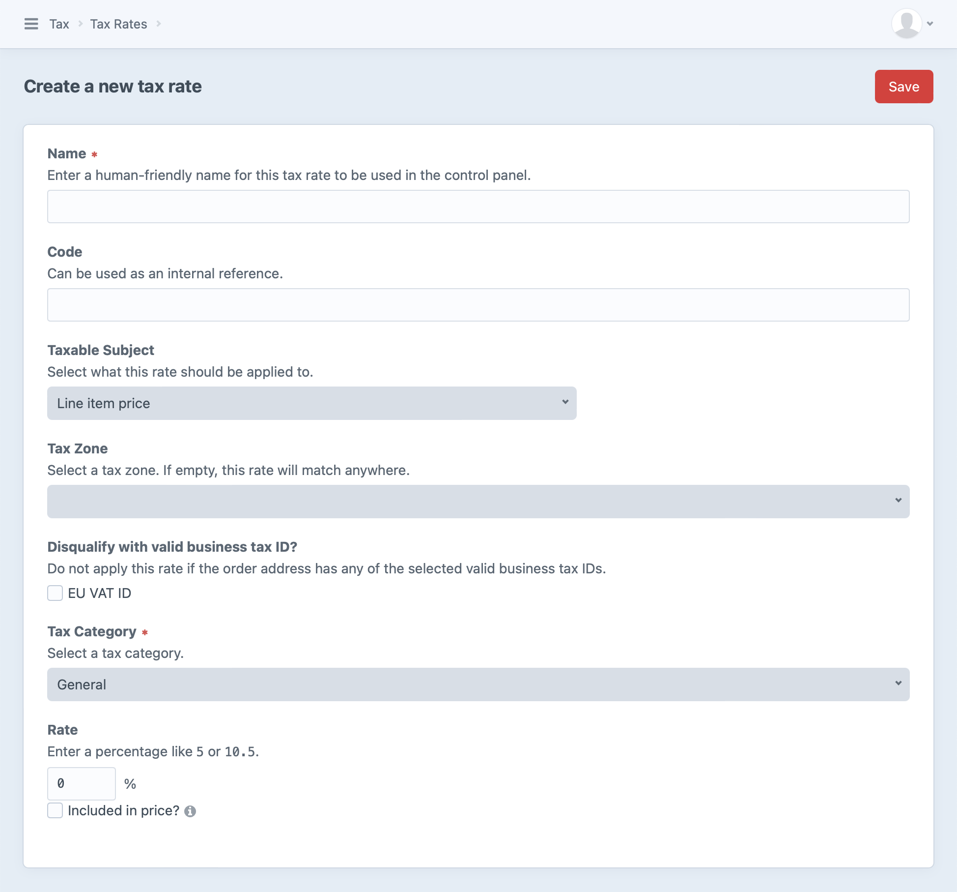 Screenshot of a new tax rate form with fields for name, code, taxable subject, tax zone, business tax ID disqualification, tax category, and tax rate