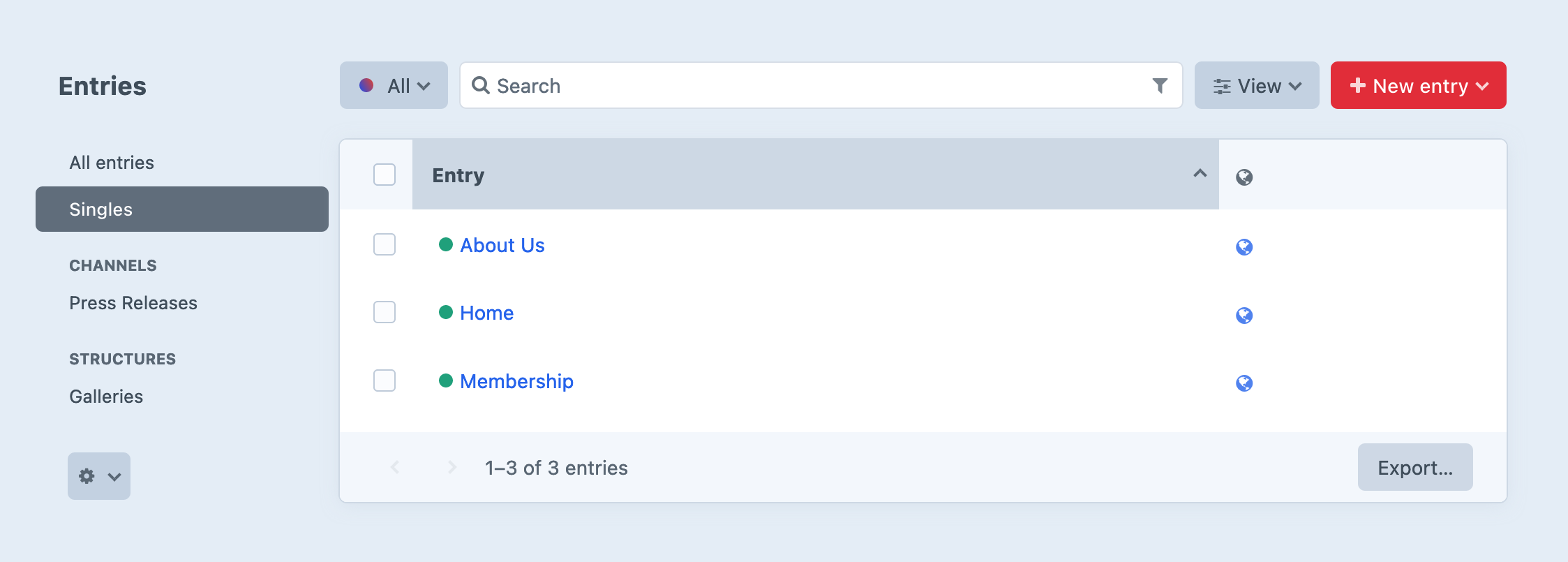 Illustration of Entries layout with “Singles” selected, showing “About Us”, “Contact” and “Home” entries