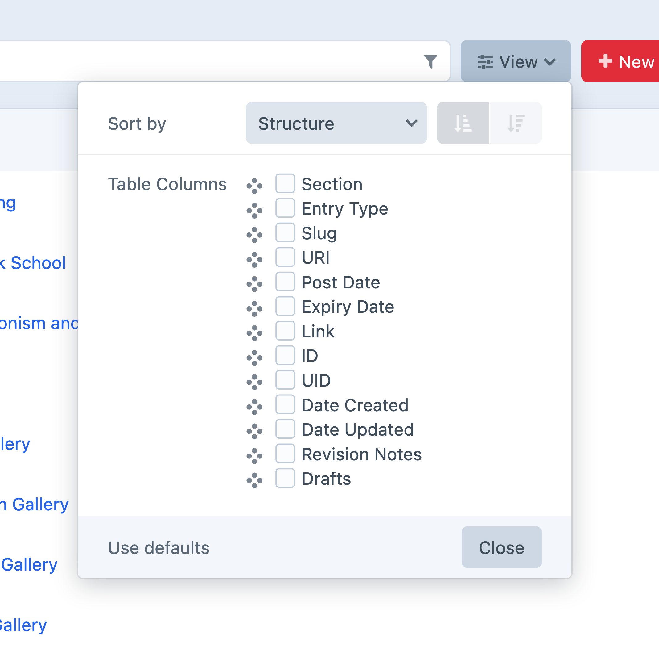 Illustration of an element index’s “View” options with “Structure” selected.