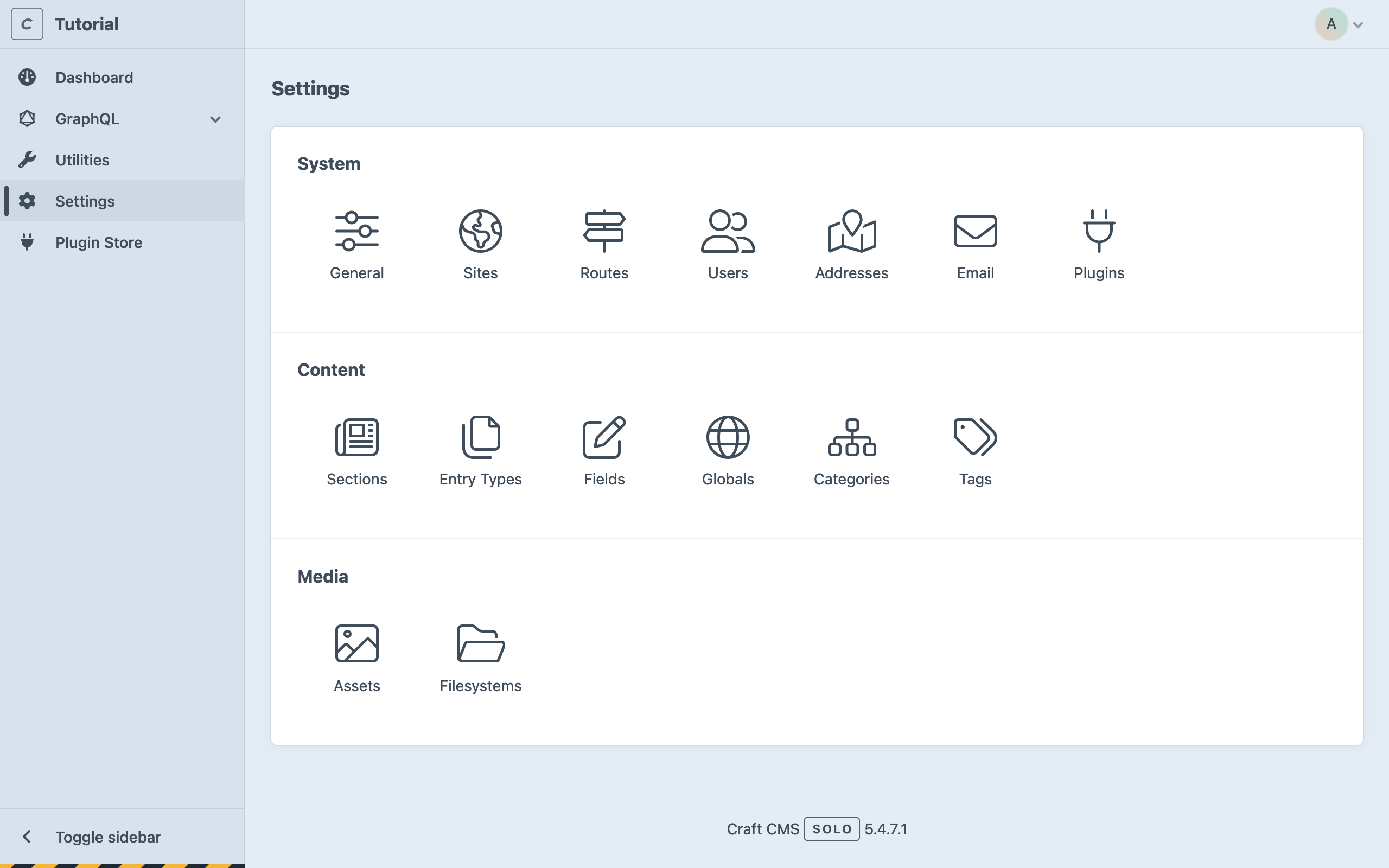 A grid of icons and labels for Craft’s settings groups.