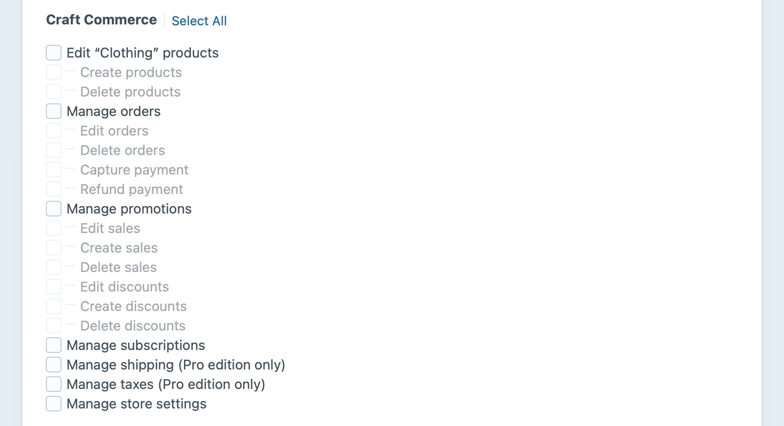 Screenshot of Commerce user permissions, which cover products, orders, promotions, subscriptions, shipping, taxes, and store settings