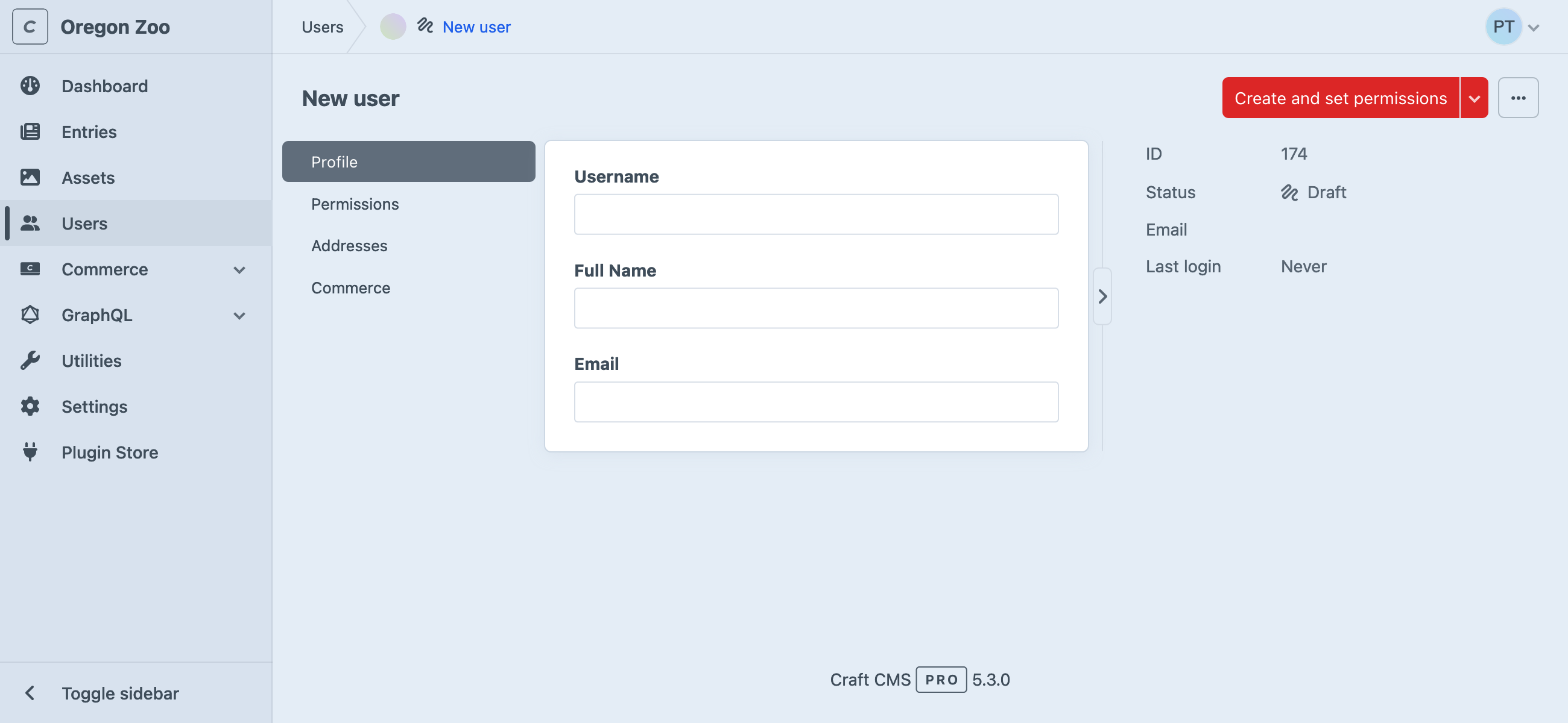 Creating a new user in the Craft control panel