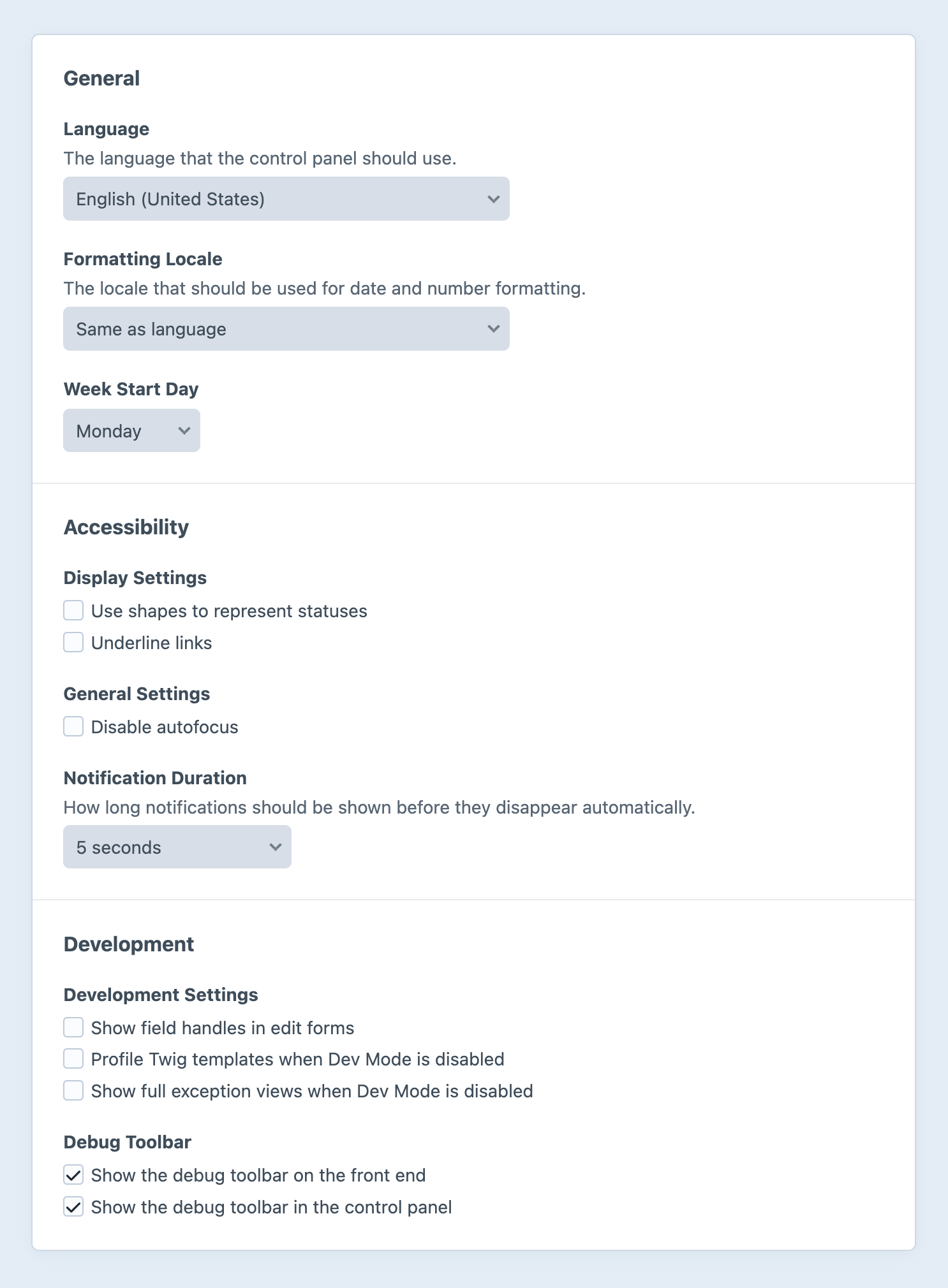 User preferences screen in the Craft control panel