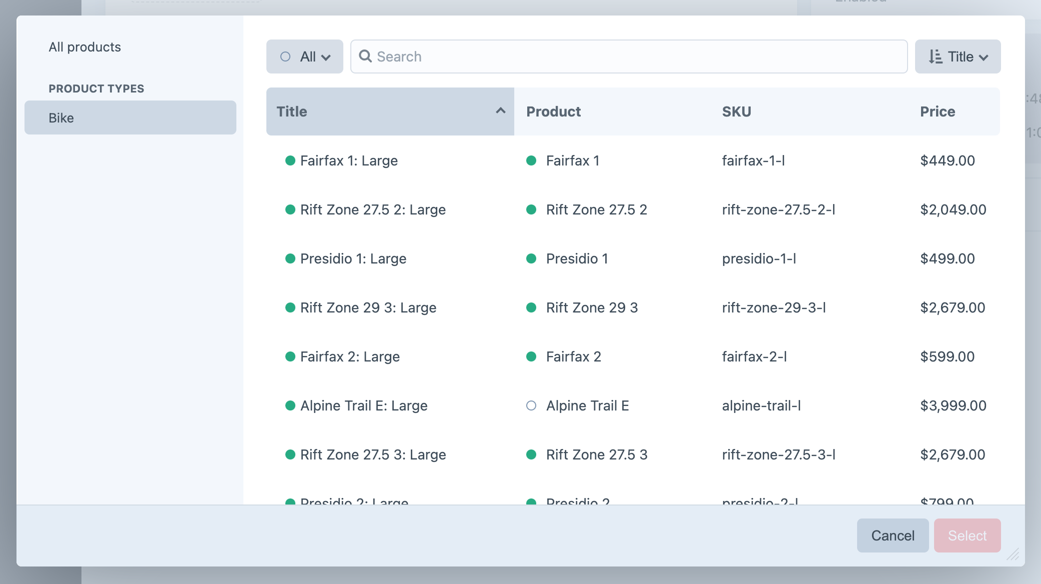 Variant selection modal