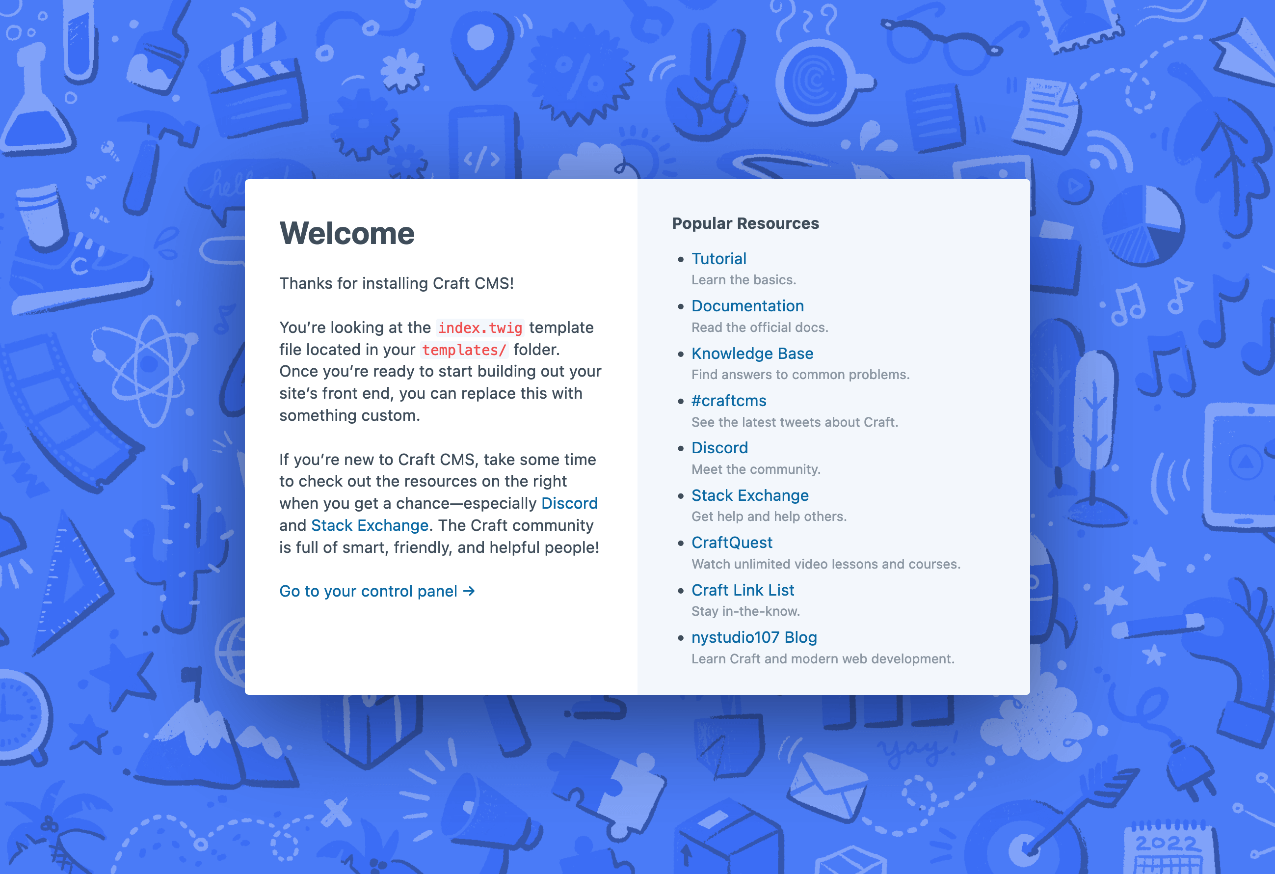 Screenshot of the Craft CMS welcome template