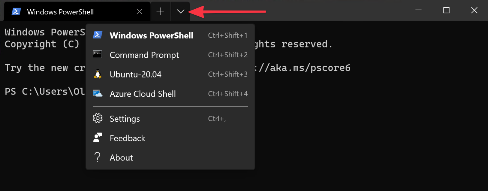 Dropdown menu for convenient shell selection in Windows Terminal